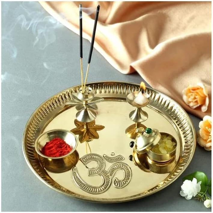 Brass Om Pooja Thali Set, 8 Inch, Ethnic Finish