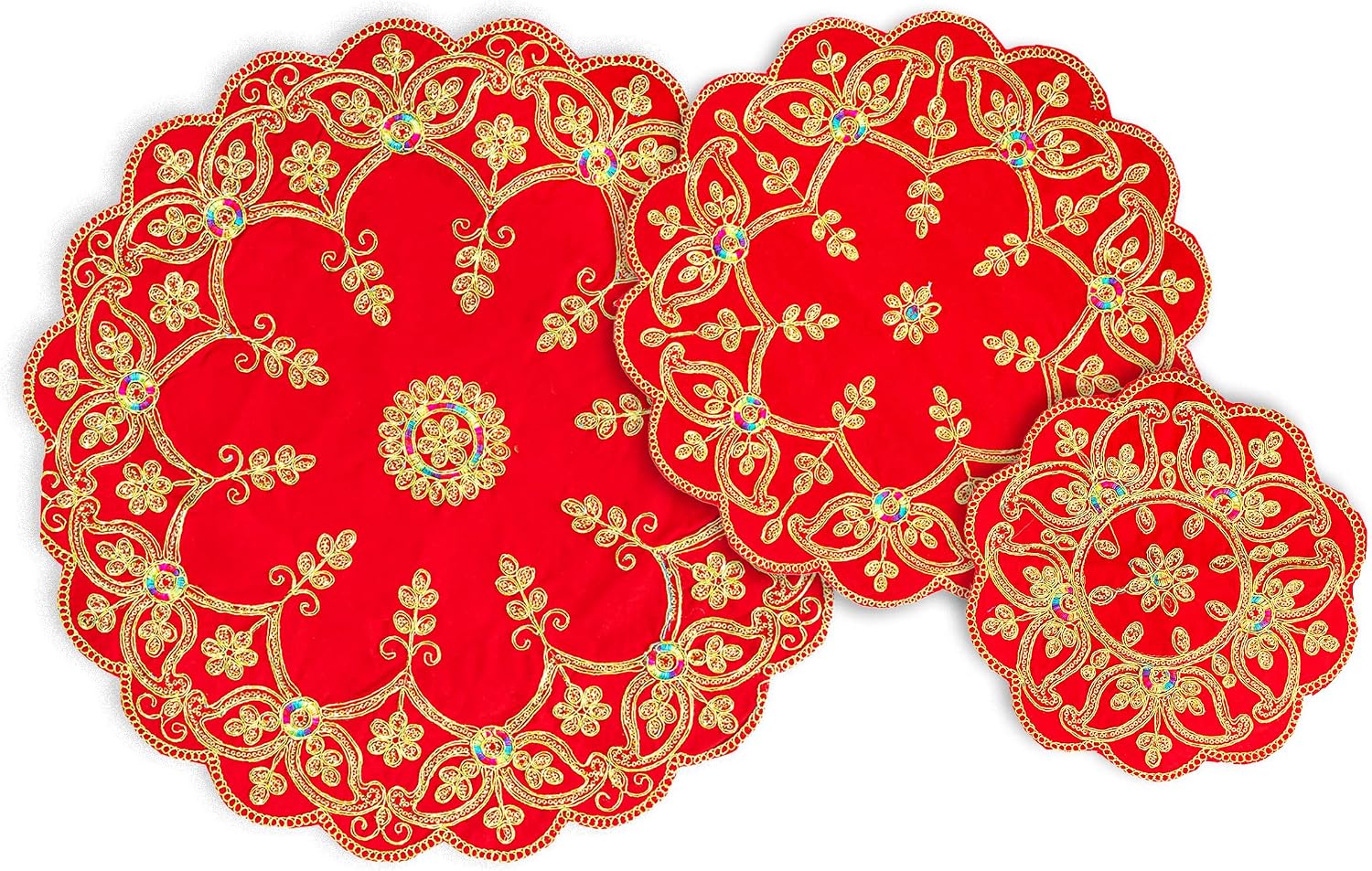 3-Piece Red Velvet Pooja Asan Mats